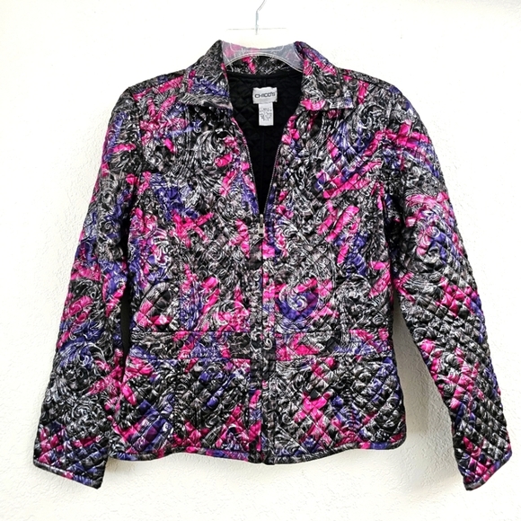 Chico's metallic Quilted Jacket Paisley Boho Pink reversible Black Full zip 0 - Picture 1 of 6
